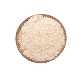 Photo of Brewer's yeast flakes in bowl isolated on white, top view