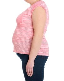 Photo of Overweight woman on white background, closeup. Weight loss