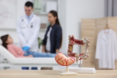 Gastroenterologist examining girl in clinic, focus on models of stomach and intestine on table