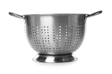 One metal colander isolated on white. Cooking utensil