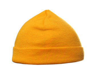 Photo of Woman wearing yellow knitted hat on white background, closeup. Winter sports clothes