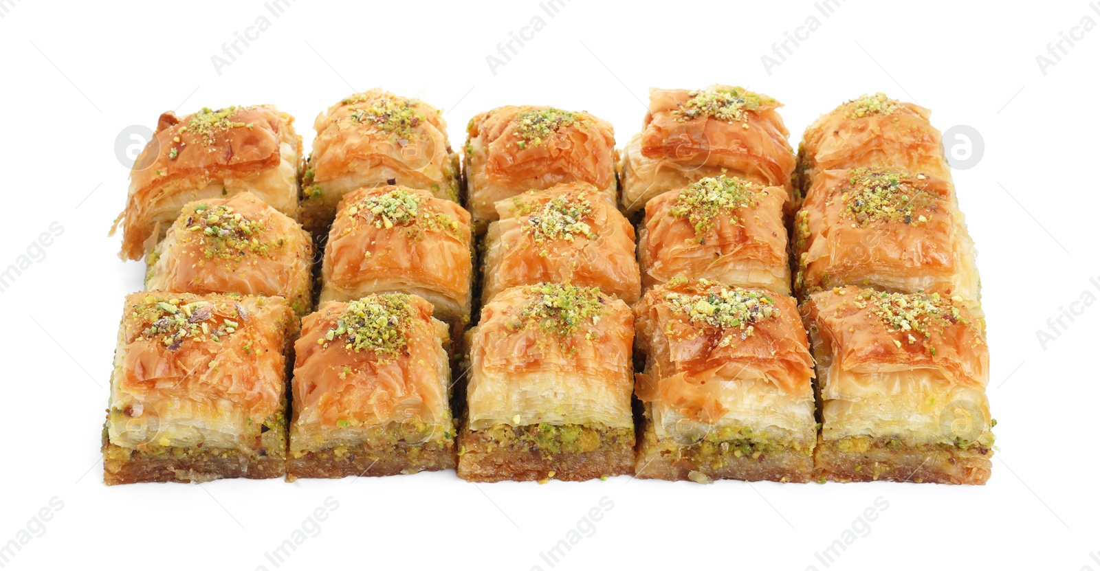 Photo of Delicious fresh baklava with chopped nuts isolated on white. Eastern sweets