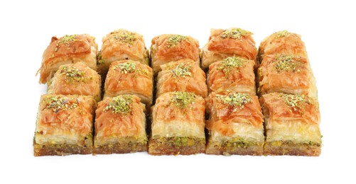 Delicious fresh baklava with chopped nuts isolated on white. Eastern sweets