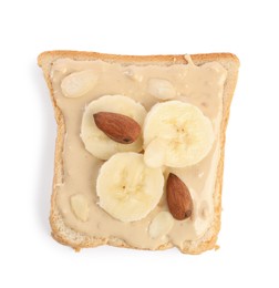 Photo of Toast with tasty nut butter, banana slices and almonds isolated on white, top view