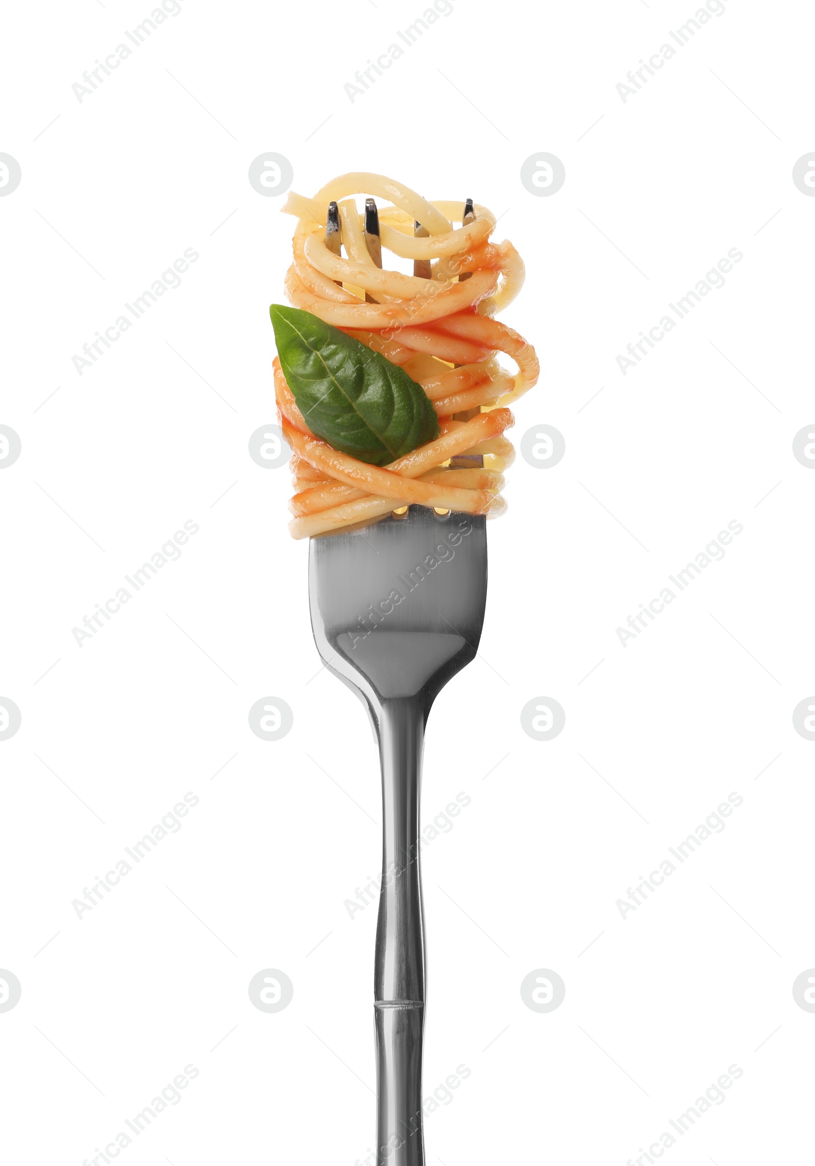 Photo of Fork with tasty pasta, basil and tomato sauce isolated on white