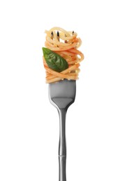 Fork with tasty pasta, basil and tomato sauce isolated on white