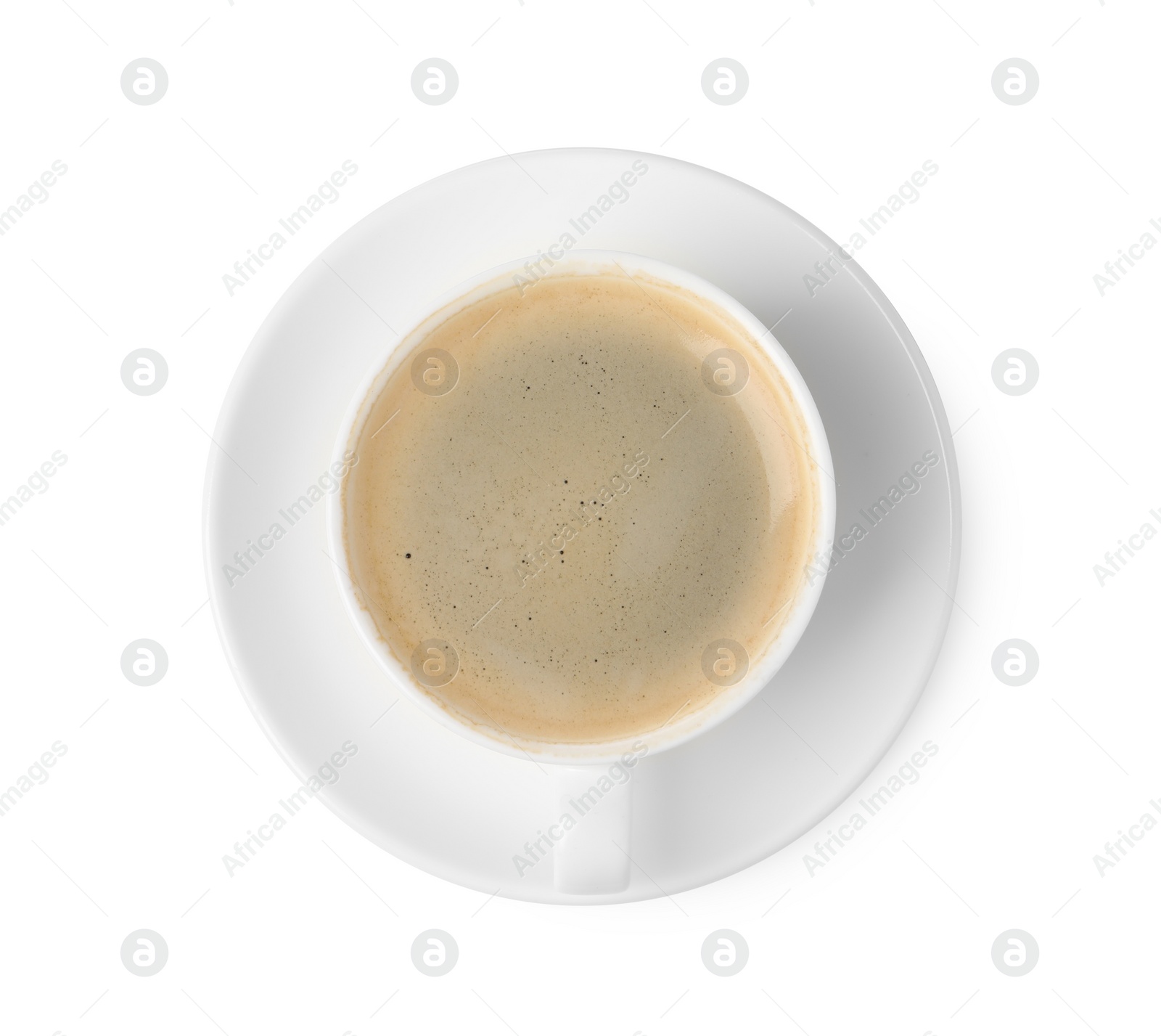 Photo of Aromatic coffee in cup isolated on white, top view