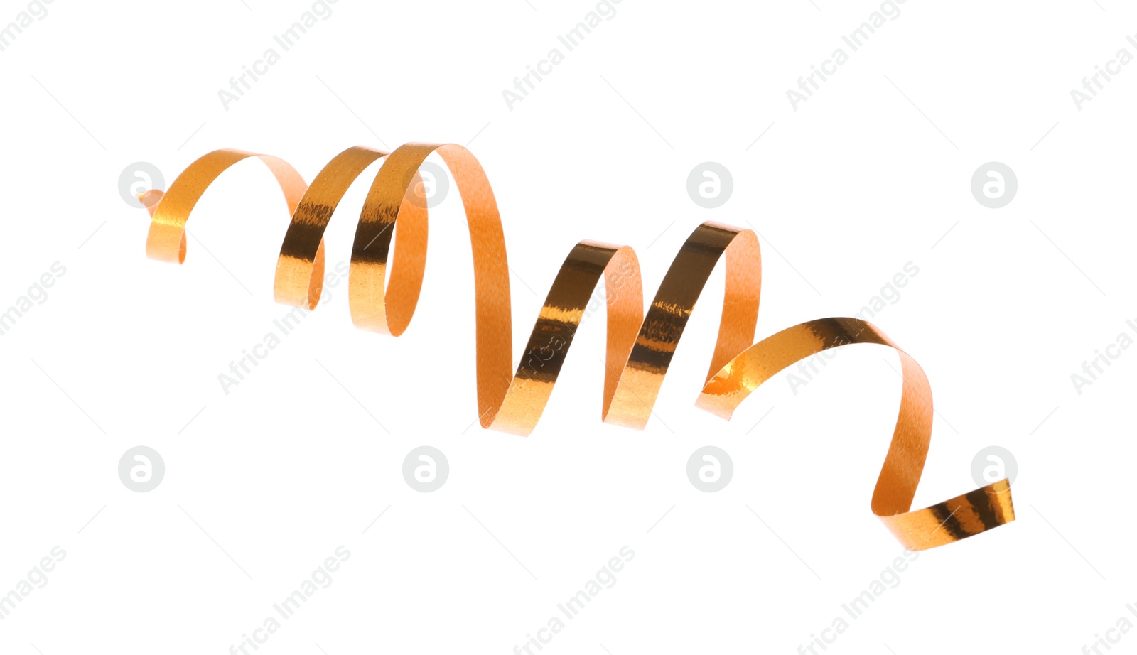 Photo of Shiny serpentine streamer on white background. Festive decor