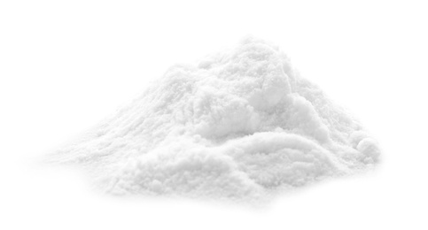 Photo of Pile of baking soda on white background