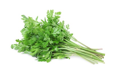 Photo of Heap of chopped parsley leaves isolated on white