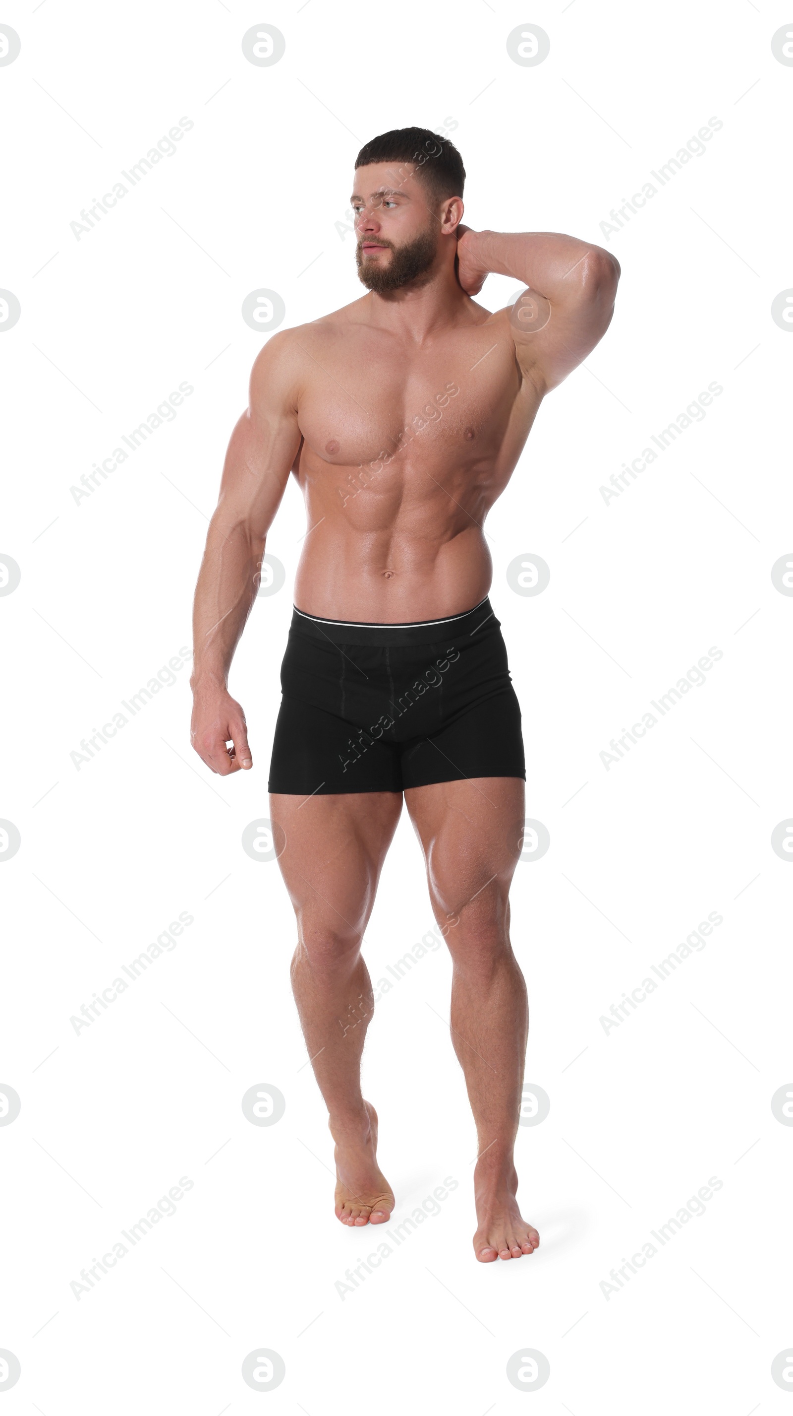 Photo of Young man is stylish black underwear on white background