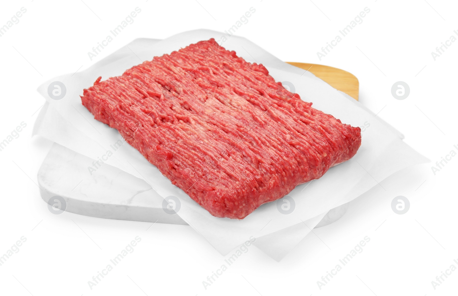 Photo of Raw fresh minced meat on white background