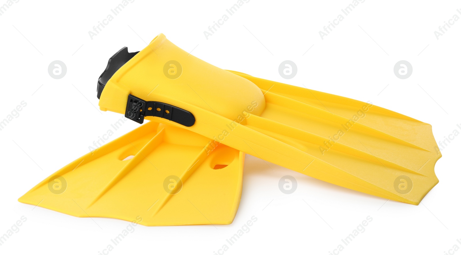 Photo of Pair of yellow flippers on white background