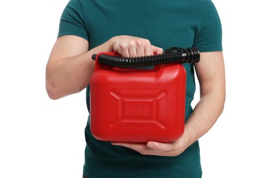 Photo of Man holding red canister on white background, closeup
