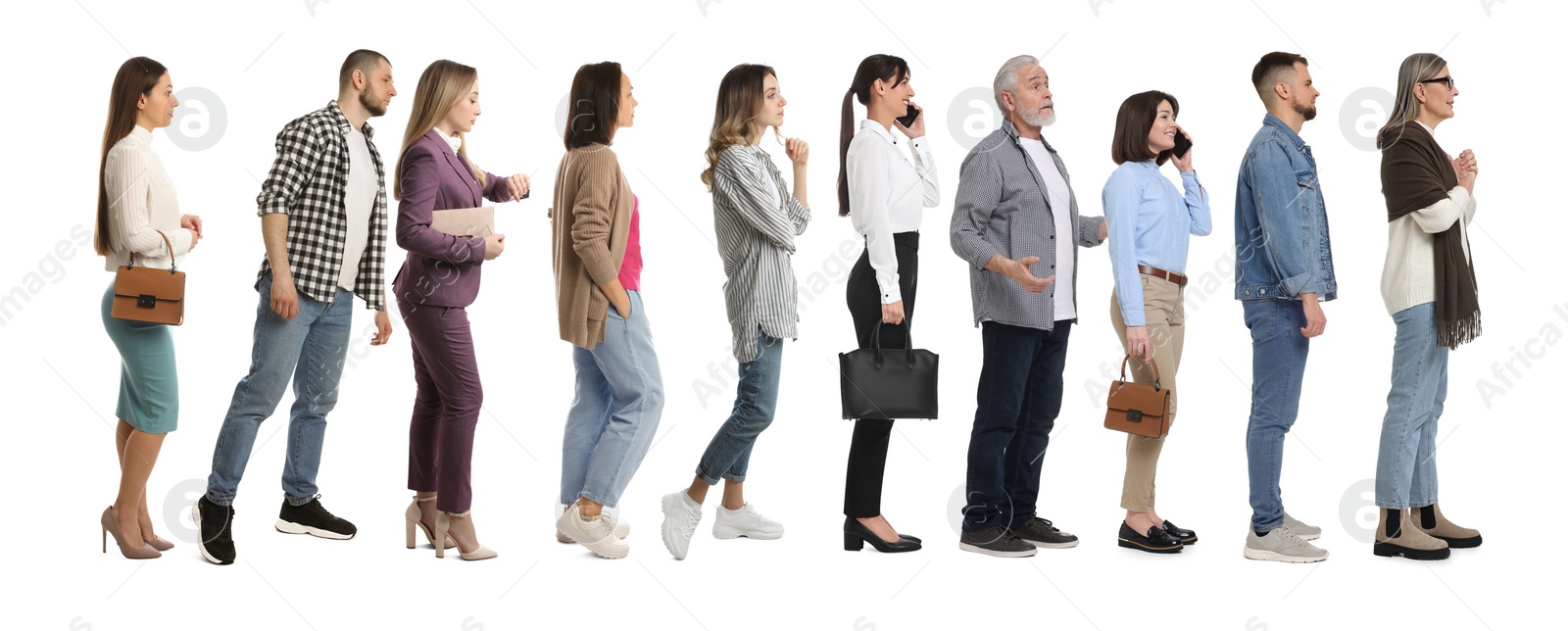 Image of People waiting in queue on white background