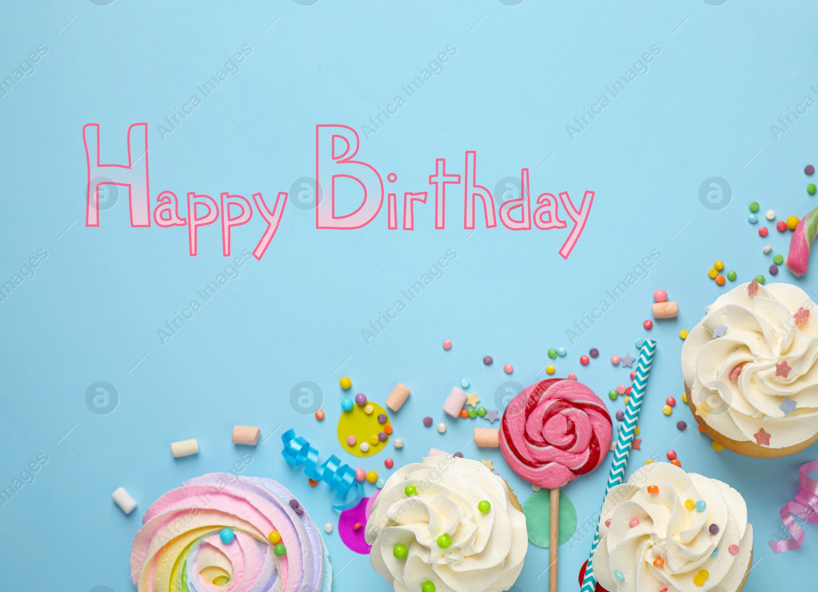 Image of Flat lay composition with delicious cupcakes and text Happy Birthday on light blue background