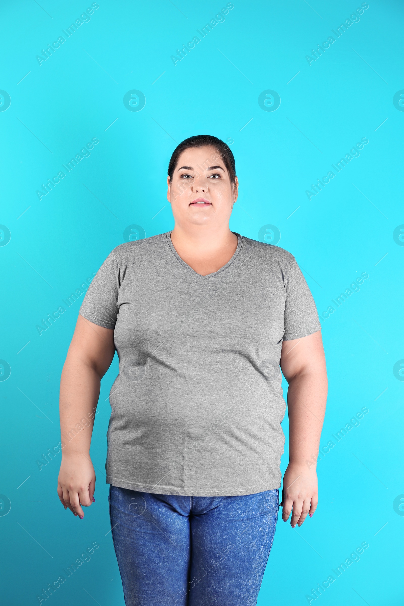 Photo of Overweight woman before weight loss on color background