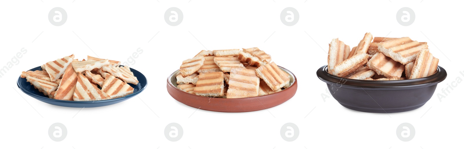 Image of Set with delicious crispy pita chips on white background. Banner design