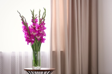 Vase with beautiful pink gladiolus flowers on wooden table in room, space for text