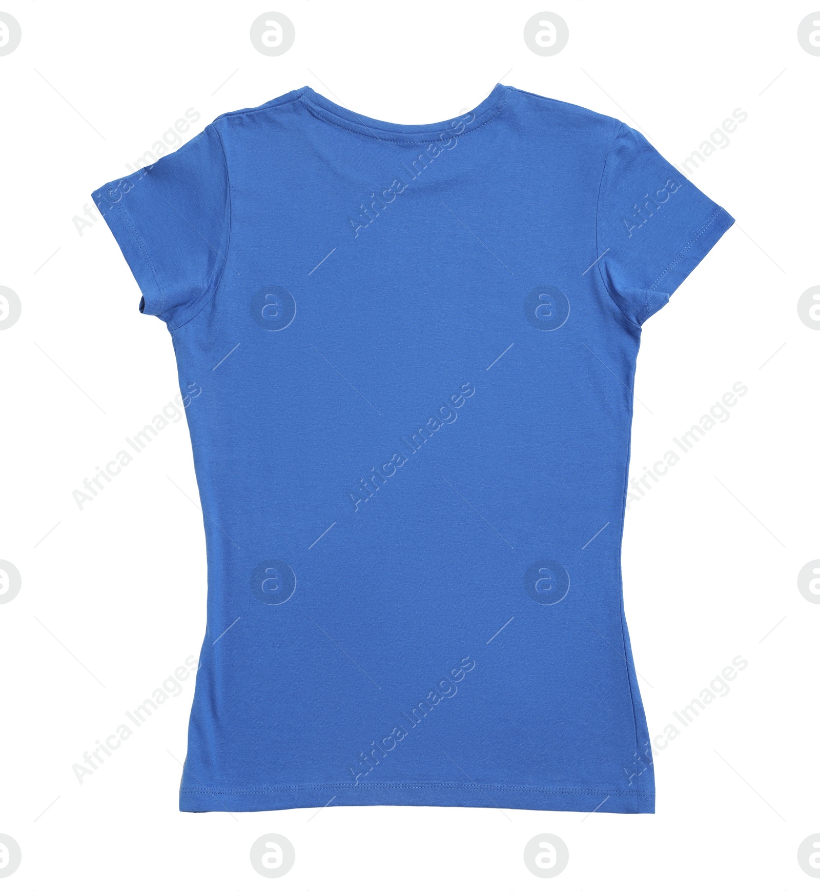 Photo of Stylish blue female T-shirt isolated on white, top view