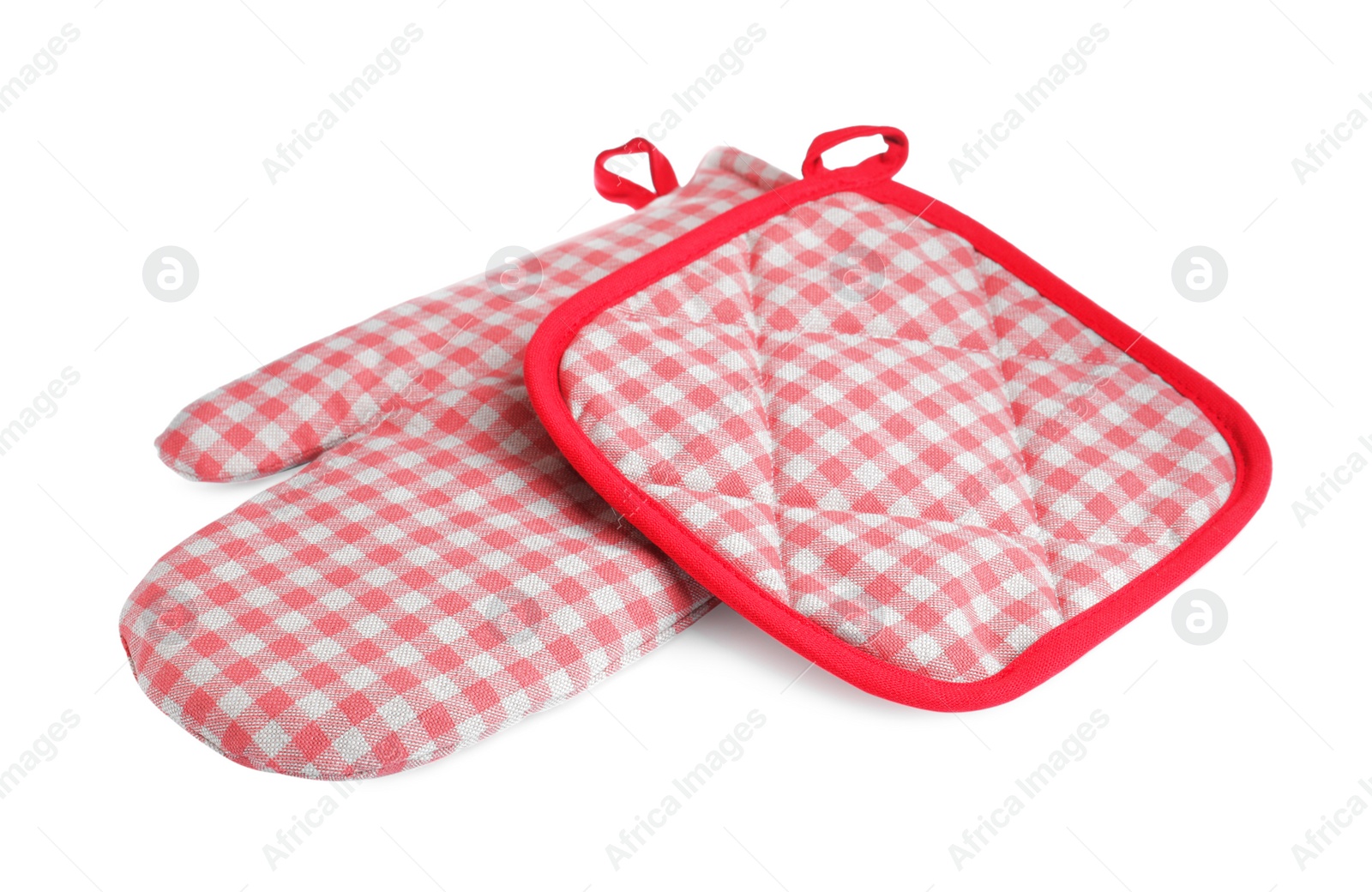 Photo of Oven glove and potholder for hot dishes on white background