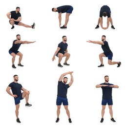 Young man doing morning exercises on white background, collage design