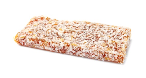 Grain cereal bar with desiccated coconut on white background