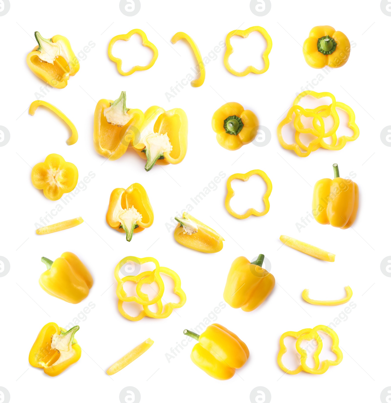 Image of Set of ripe yellow bell peppers on white background, top view