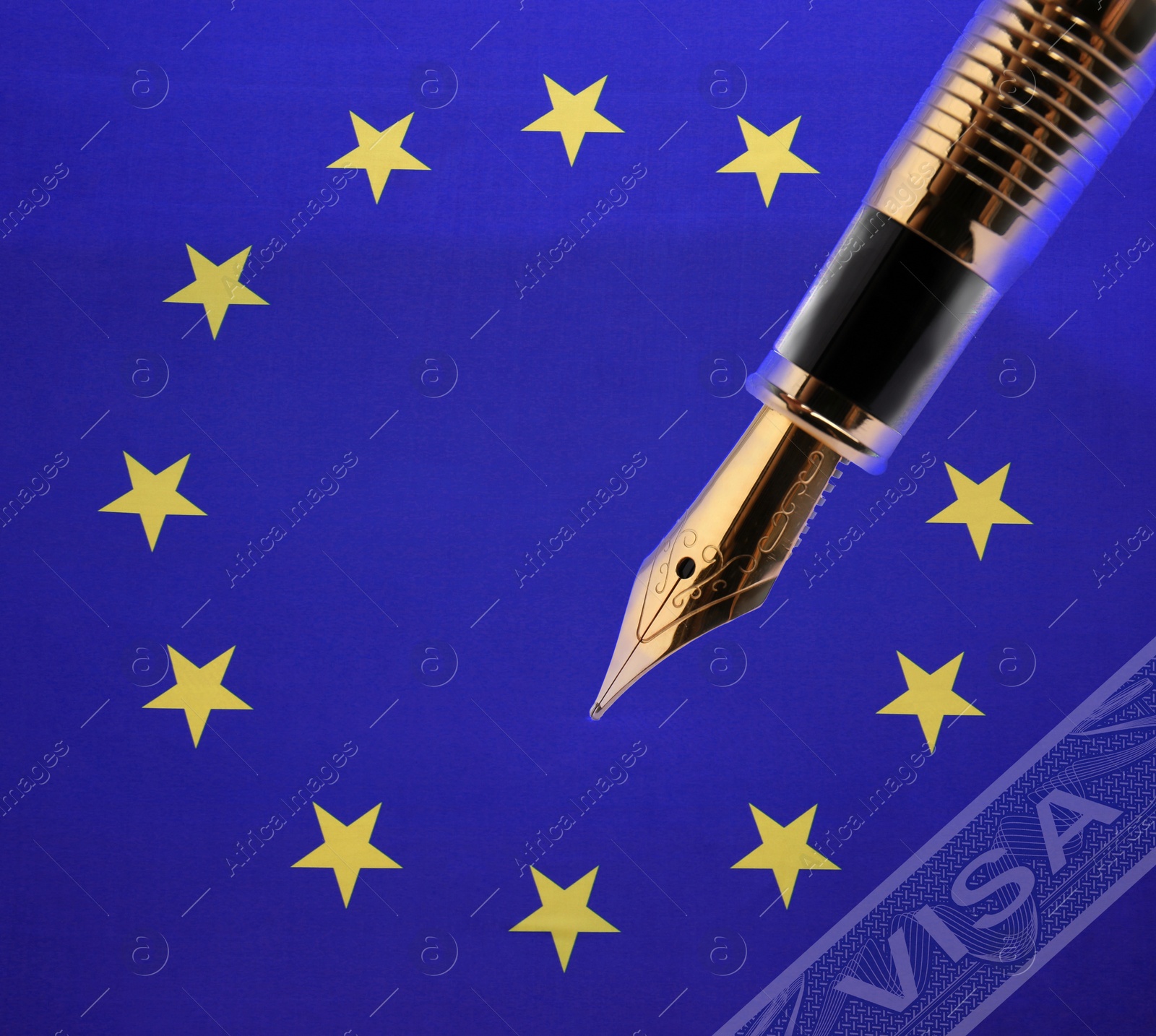 Image of Visa to European Union. Multiple exposure with EU flag and fountain pen, closeup