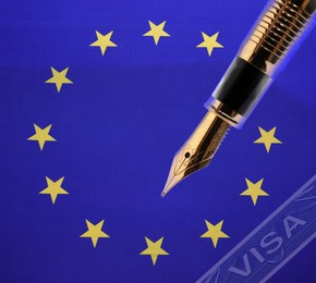 Image of Visa to European Union. Multiple exposure with EU flag and fountain pen, closeup