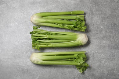 Fresh ripe green celery on grey table, flat lay