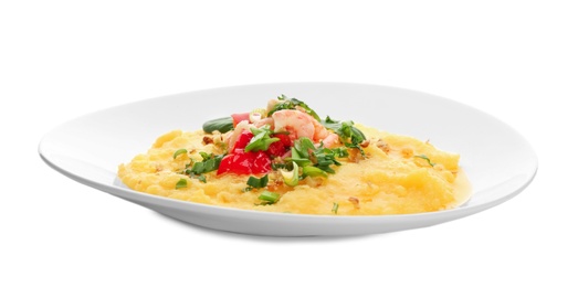 Plate with tasty shrimps and grits on white background