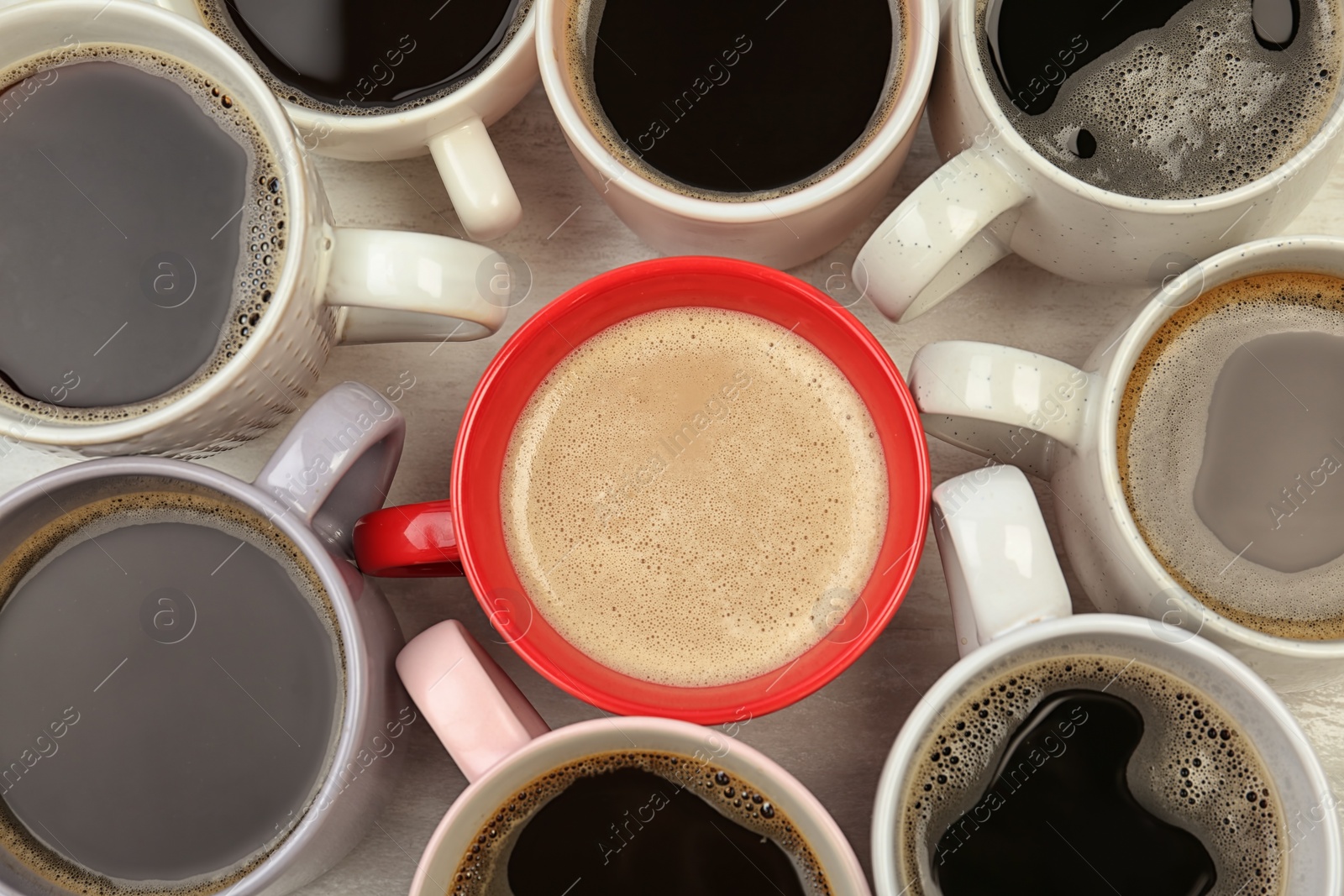 Photo of Flat lay composition with cups of coffee. Food photography