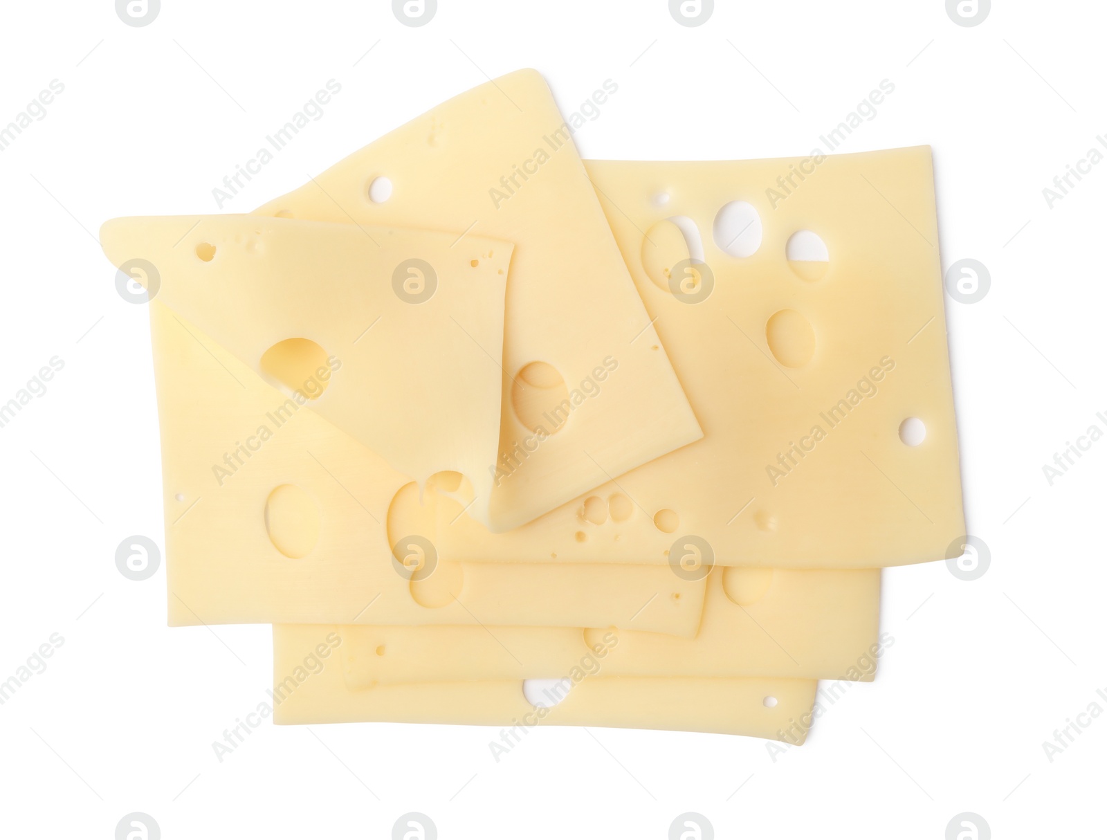 Photo of Slices of tasty fresh cheese isolated on white, top view