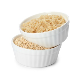 Photo of Composition with raw and cooked quinoa in bowls isolated on white