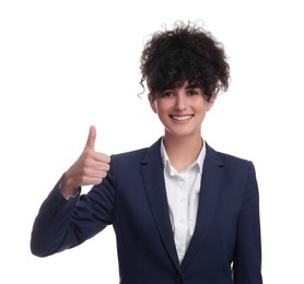 Photo of Beautiful businesswoman in suit showing thumbs up on white background