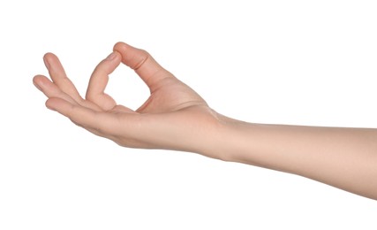 Photo of Woman showing mudra on white background, closeup of hand