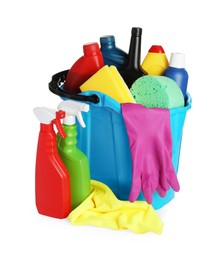 Light blue bucket and many different car wash products on white background