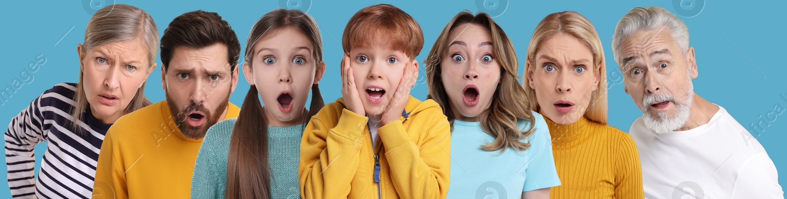 Image of Group of surprised people on light blue background, banner design