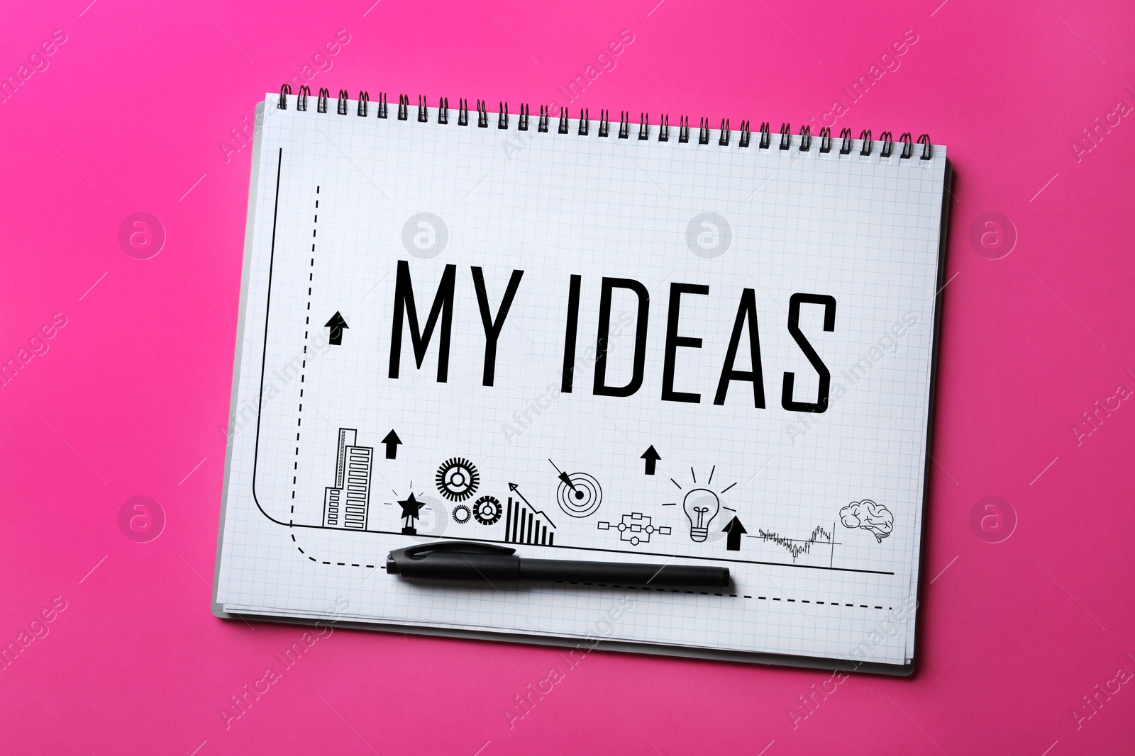 Image of Notebook with words NEW IDEAS and pen on pink background, top view