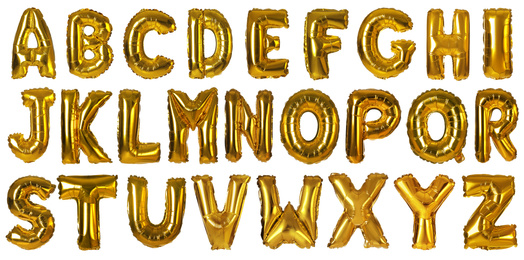 Image of Set with golden foil balloons in shape of letters on white background. Banner design