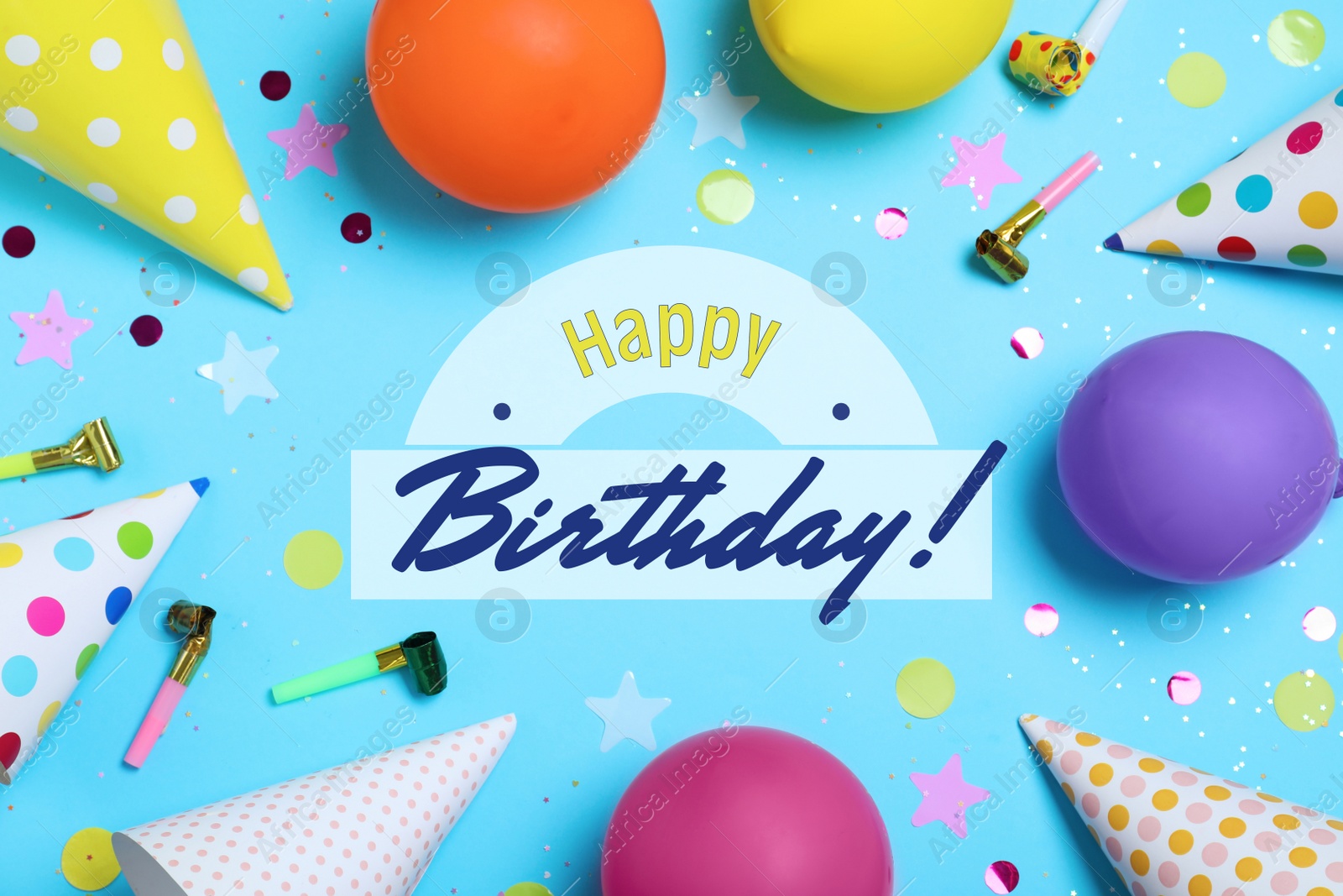 Image of Happy Birthday! Frame made of party hats and decor on light blue background, flat lay