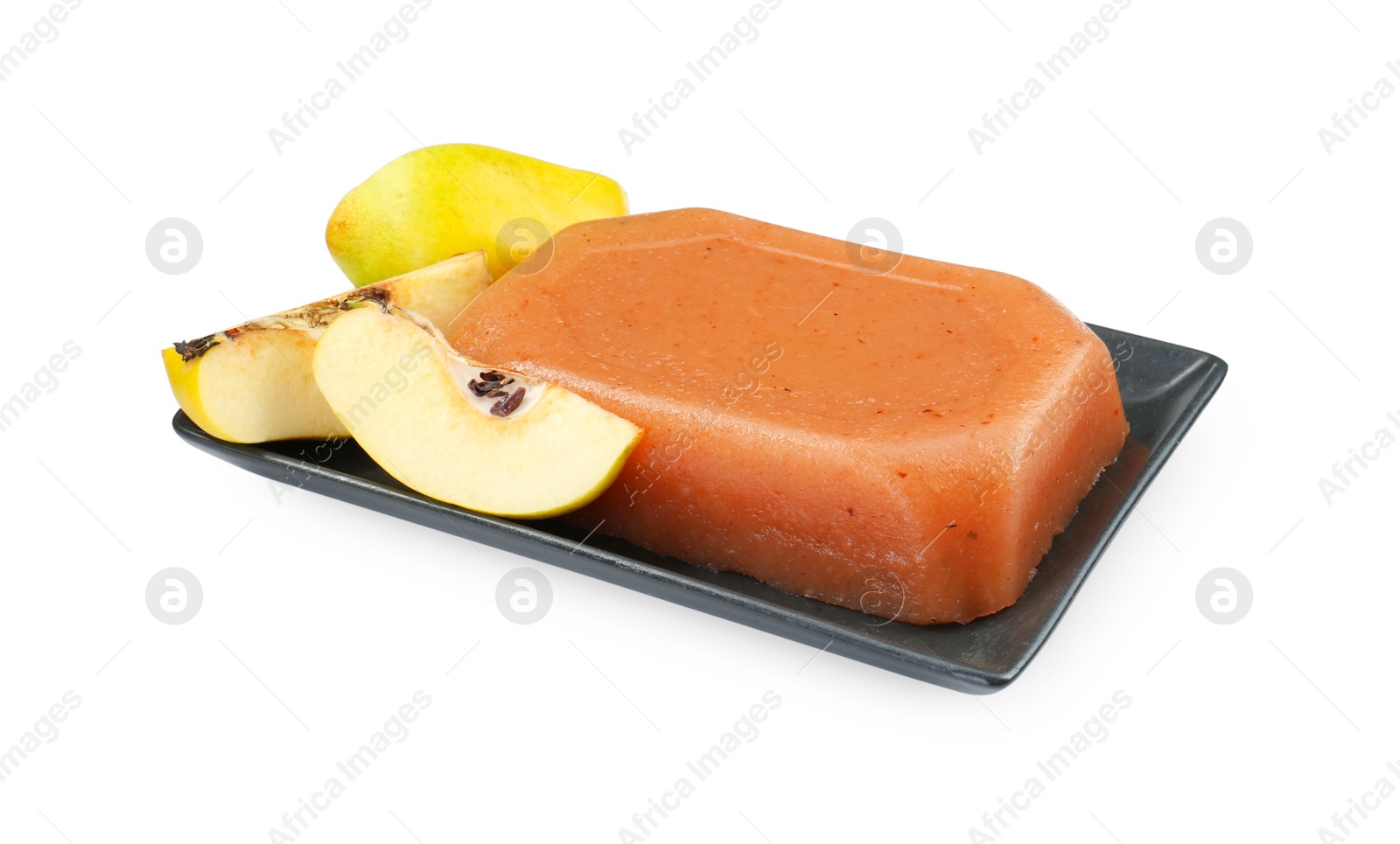 Photo of Delicious sweet quince paste and fresh fruit isolated on white