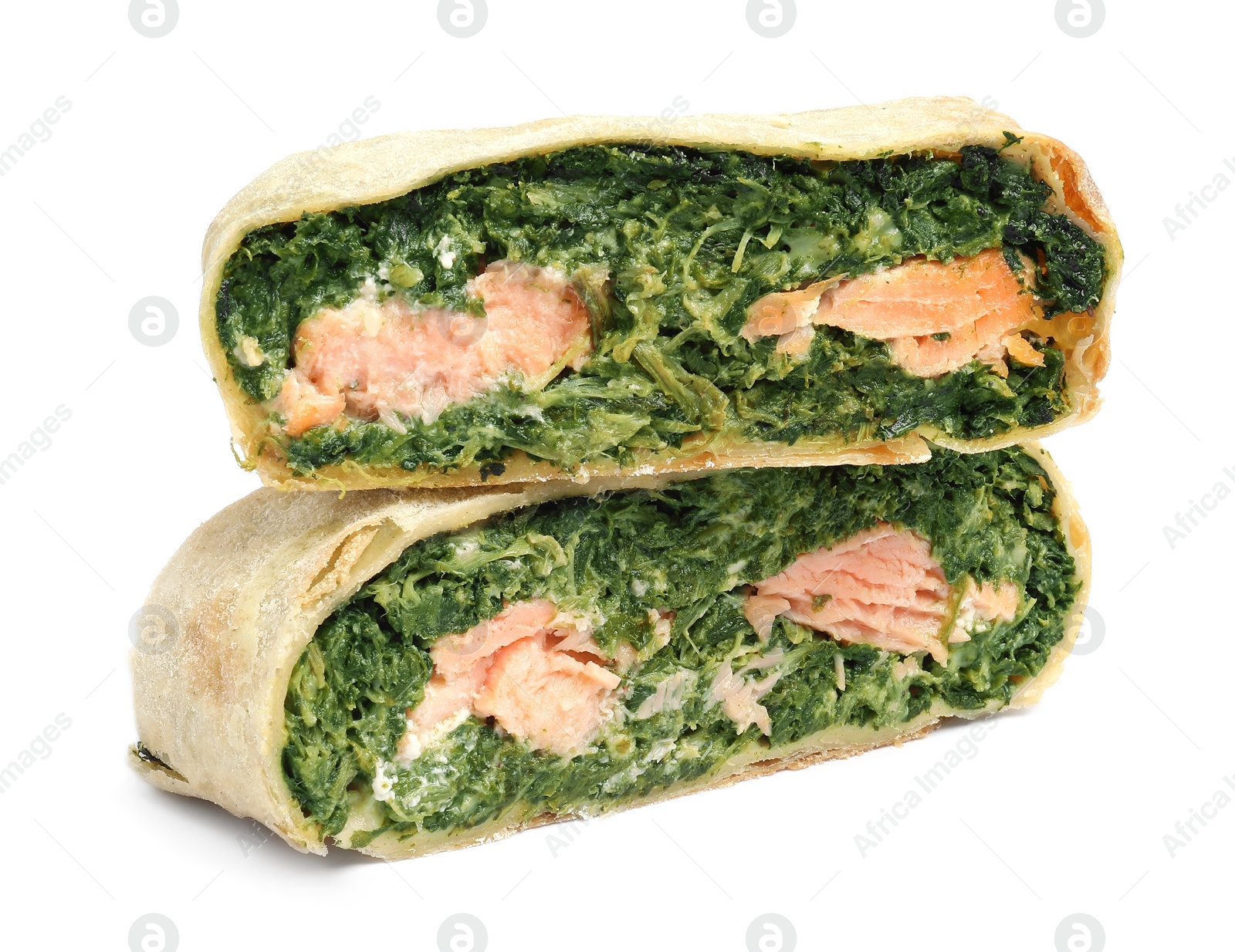 Photo of Pieces of tasty strudel with salmon and spinach isolated on white