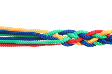 Photo of Braided colorful ropes isolated on white. Unity concept