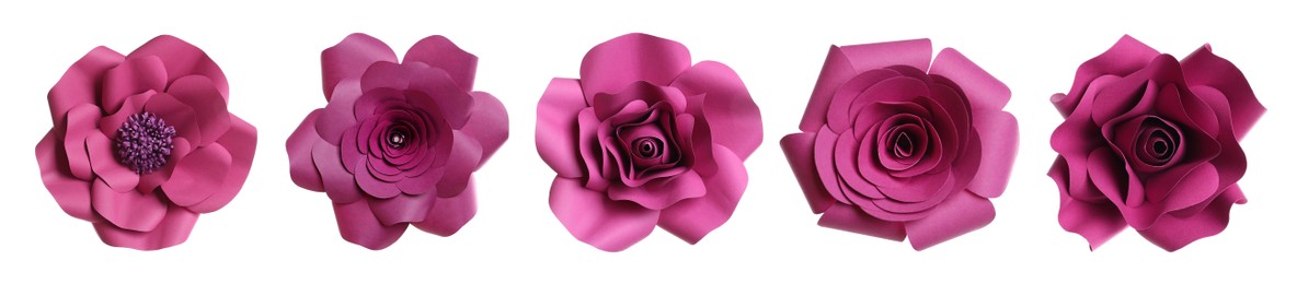 Image of Set with beautiful flowers made of paper on white background, top view. Banner design