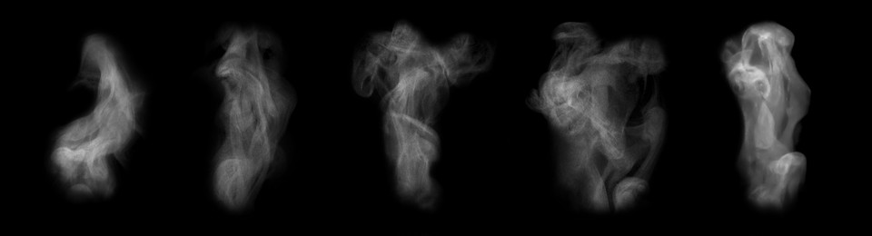 Image of Set with different clouds of white smoke on black background