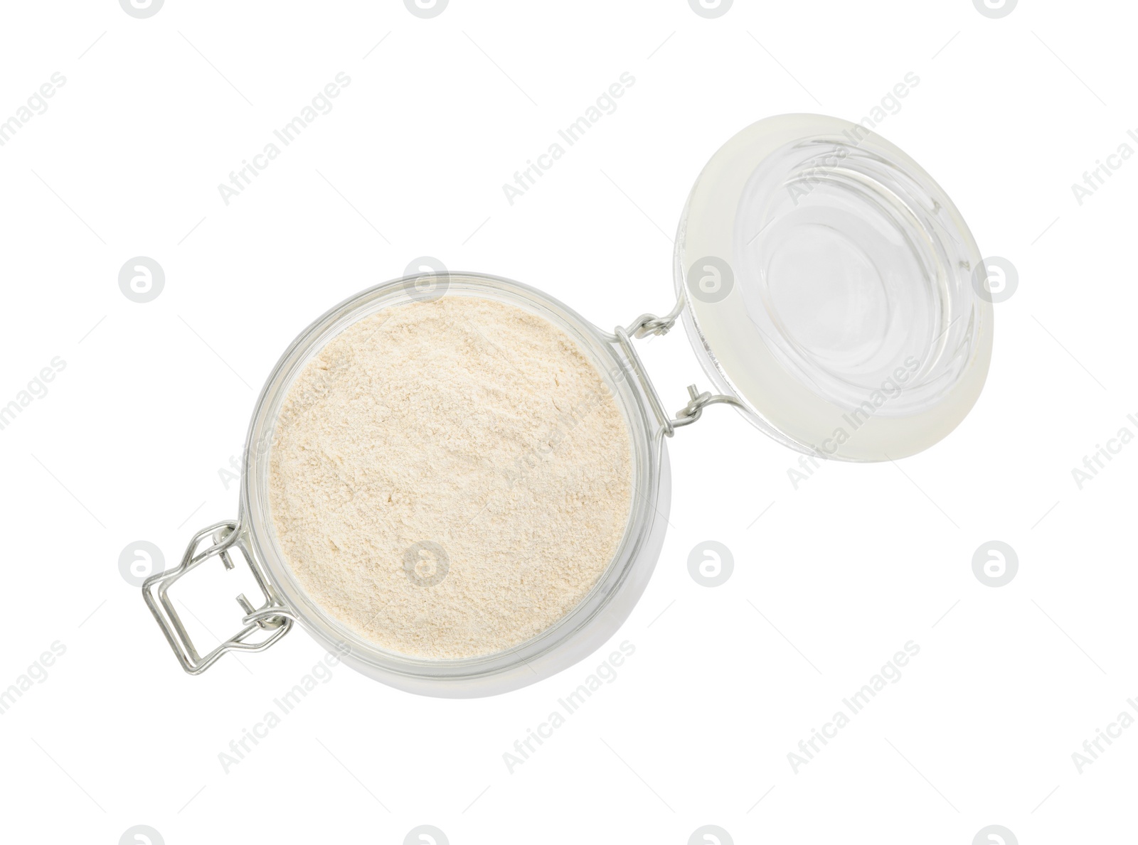 Photo of Jar with quinoa flour on white background, top view