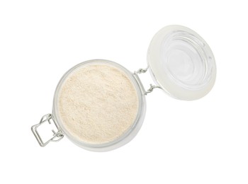 Photo of Jar with quinoa flour on white background, top view