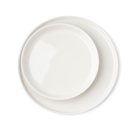 Photo of Beautiful empty ceramic plates on white background, top view